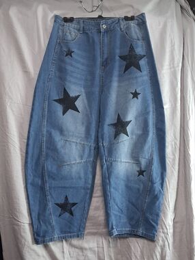 High-Rise Blue Denim Ankle Jeans with Black Star Print